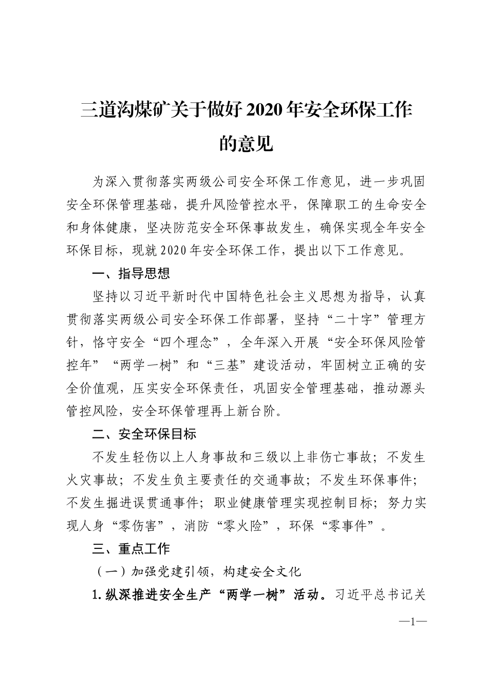三道沟煤矿关于做好2020年安全环保工作的意见_第1页