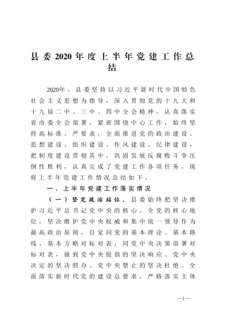 县委2020年度上半年党建工作总结