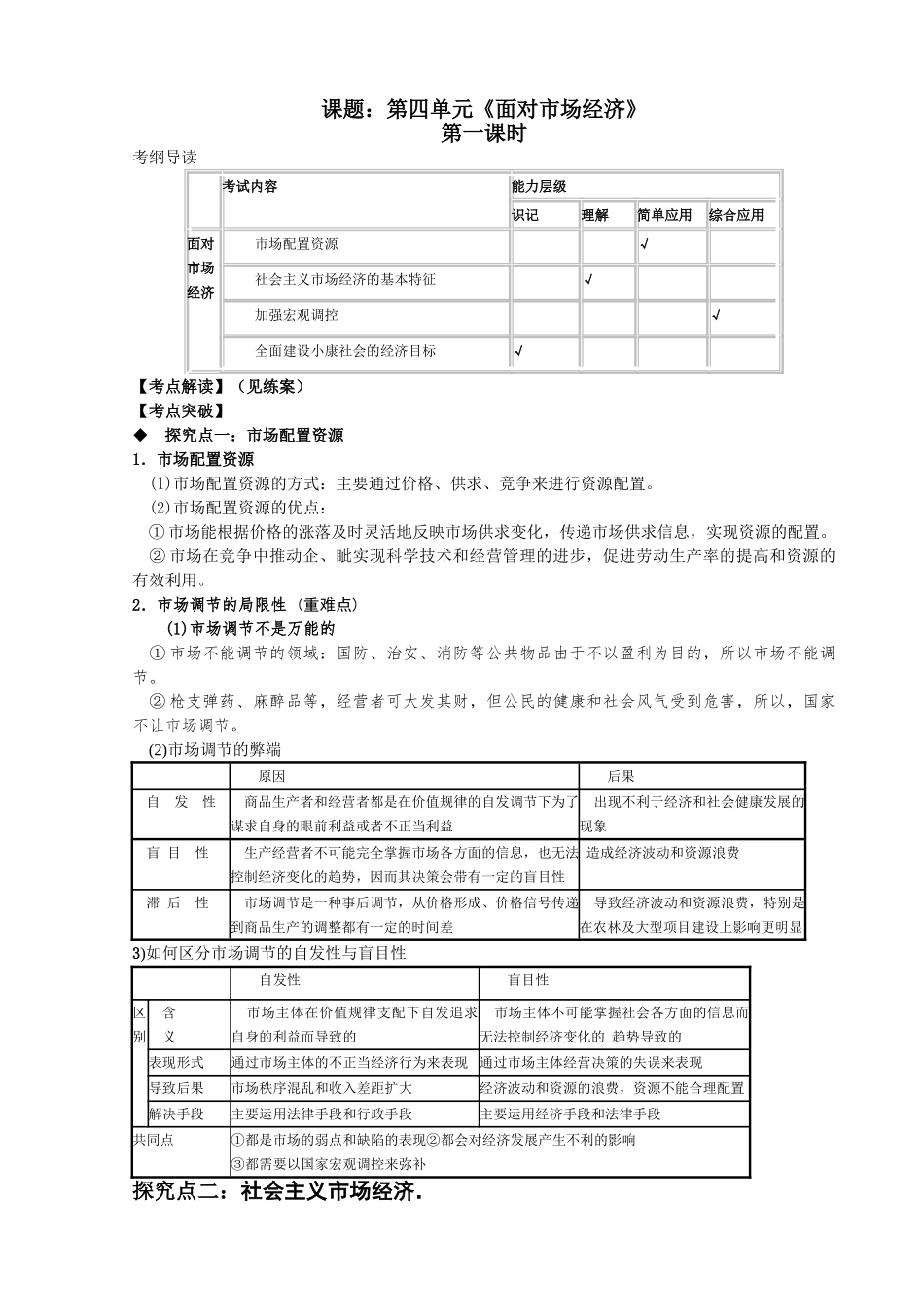 课题：第四单元《面对市场经济》考点突破_第1页