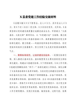 X县委党建工作经验交流材料