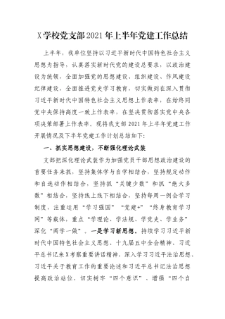 X学校党支部2021年上半年党建工作总结