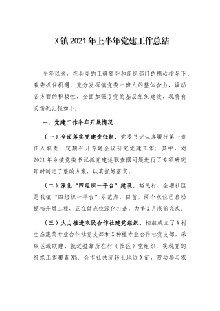 X镇2021年上半年党建工作总结