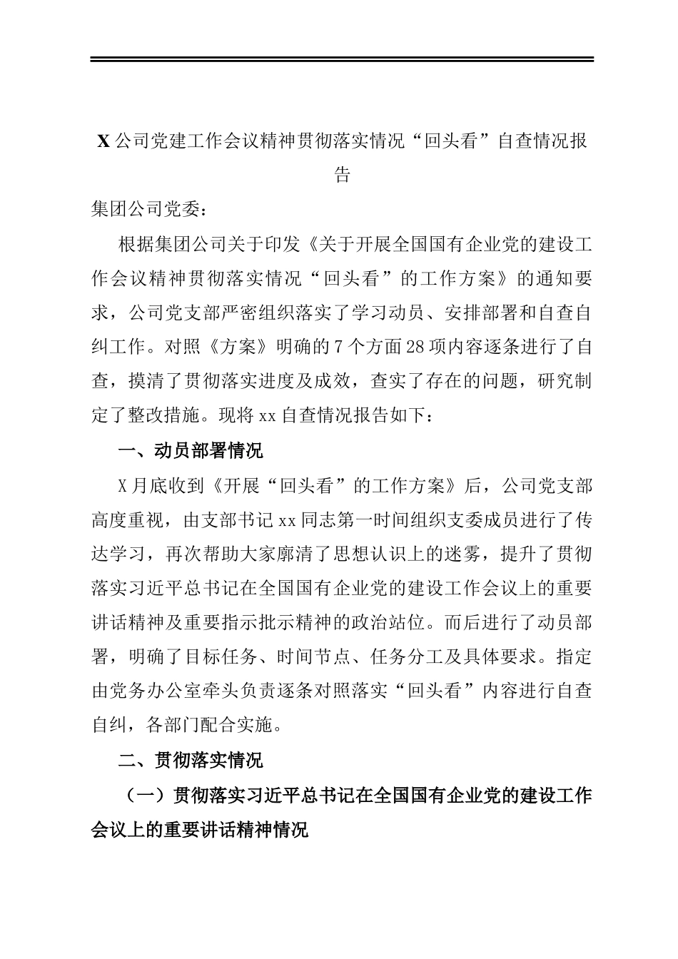 X公司党建工作会议精神贯彻落实情况“回头看”自查情况报告_第1页