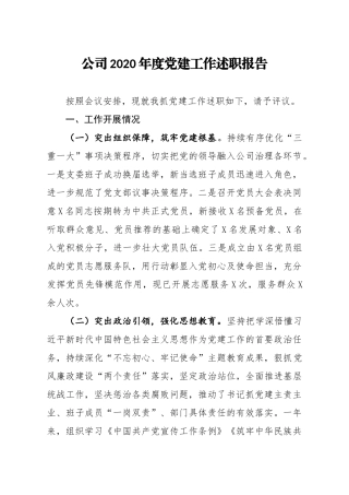 公司2020年度党建工作述职报告