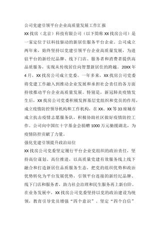 公司党建引领平台企业高质量发展工作汇报