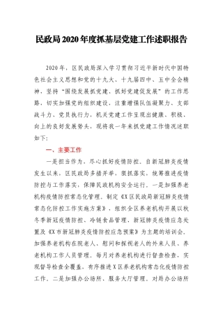 民政局2020年度抓基层党建工作述职报告