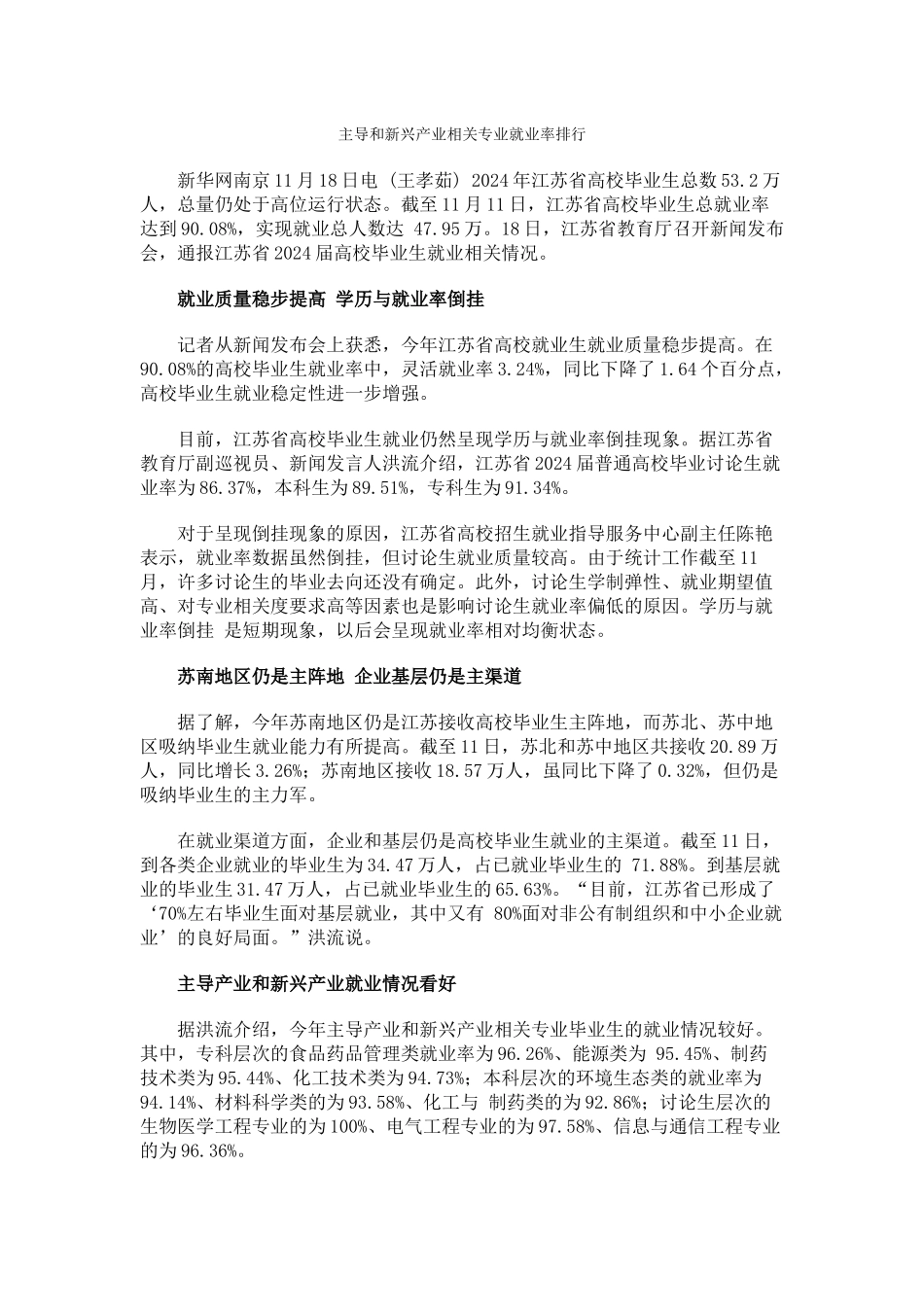 主导和新兴产业相关专业就业率排行_第1页