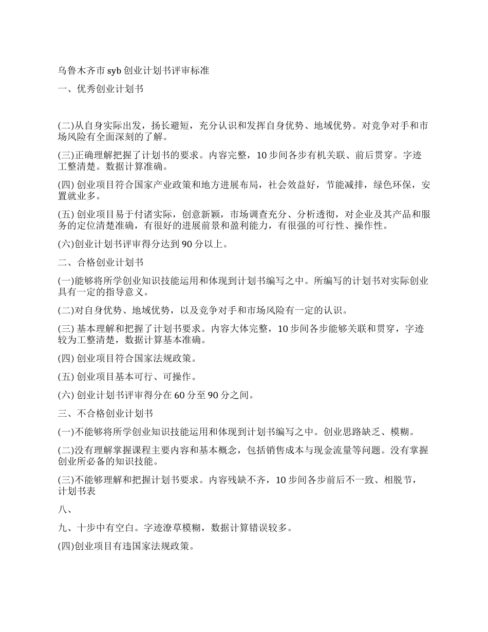 乌鲁木齐市SYB创业计划书评审标准_第1页