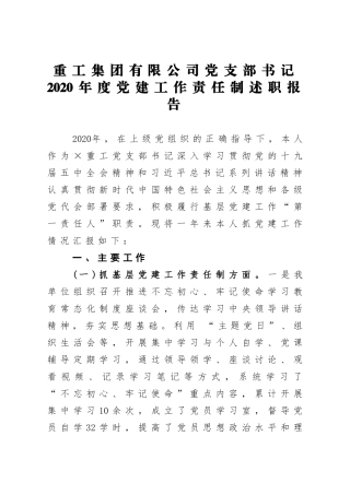 企业：重工集团有限公司党支部书记2020年度党建工作责任制述职报告
