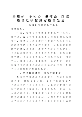 集团公司党建工作汇报  举旗帜  守初心  担使命  以高质量党建促进高质量发展