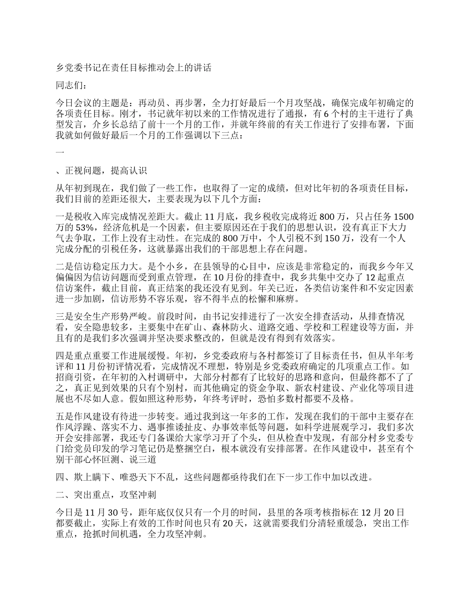 乡党委书记在责任目标推进会上的讲话_第1页