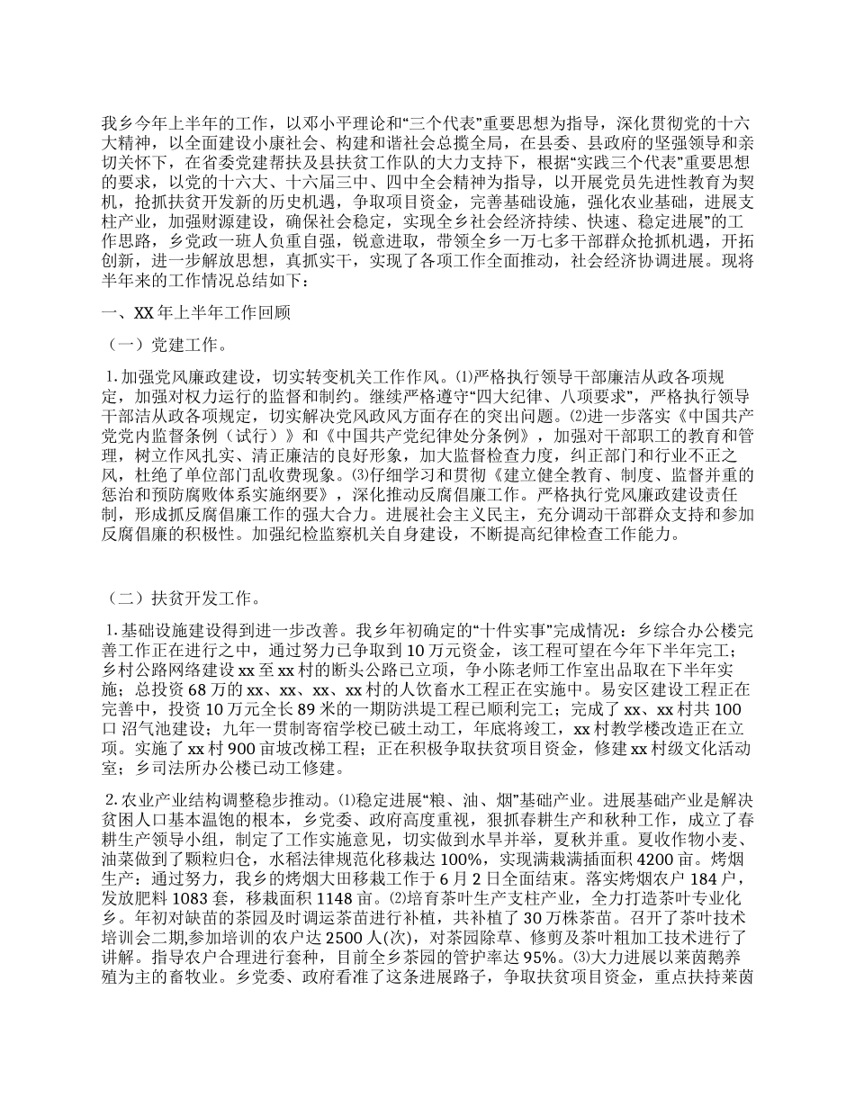 乡政府XX年上半年工作总结及下半年打算_第1页