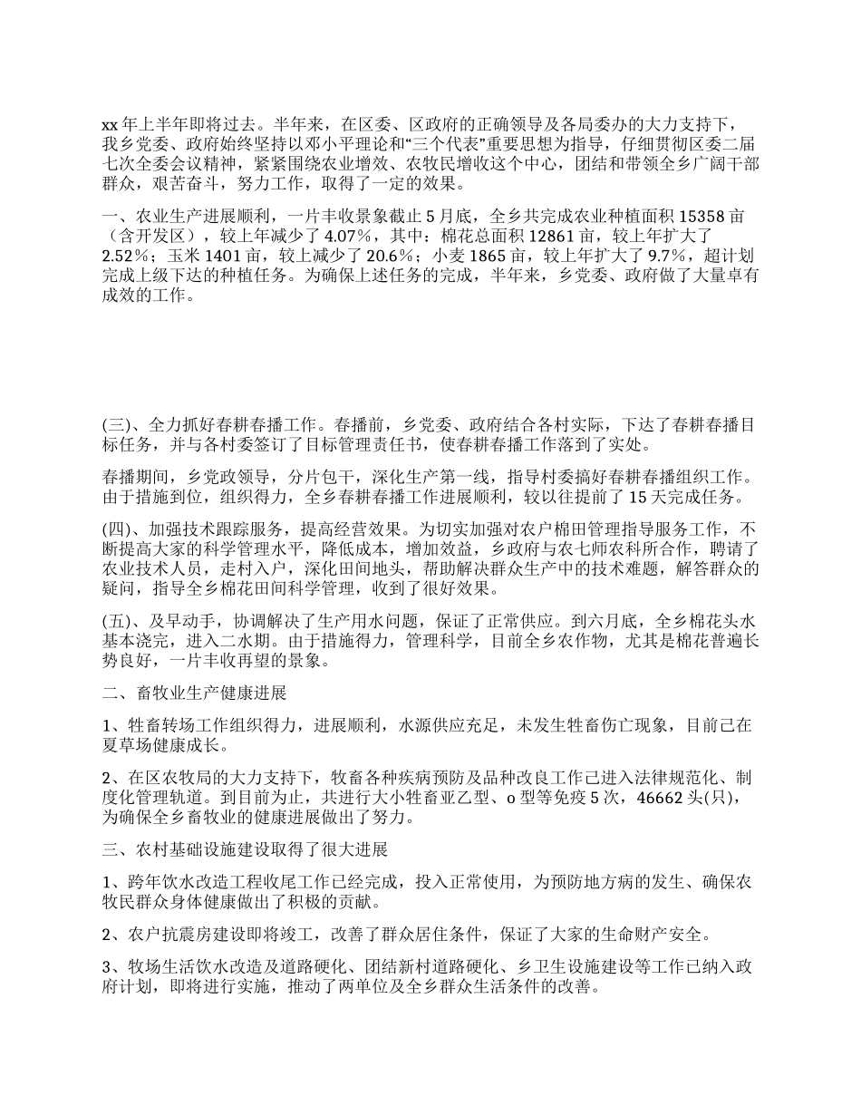 乡政府XX年上半年工作总结及第三季度工作安排_第1页