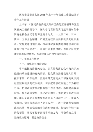 区纪委监委党支部2021年上半年年党建工作总结及下步年工作计划