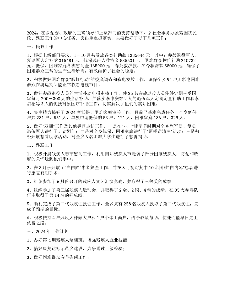 乡社会事务办2024结及2024工作计划_第1页