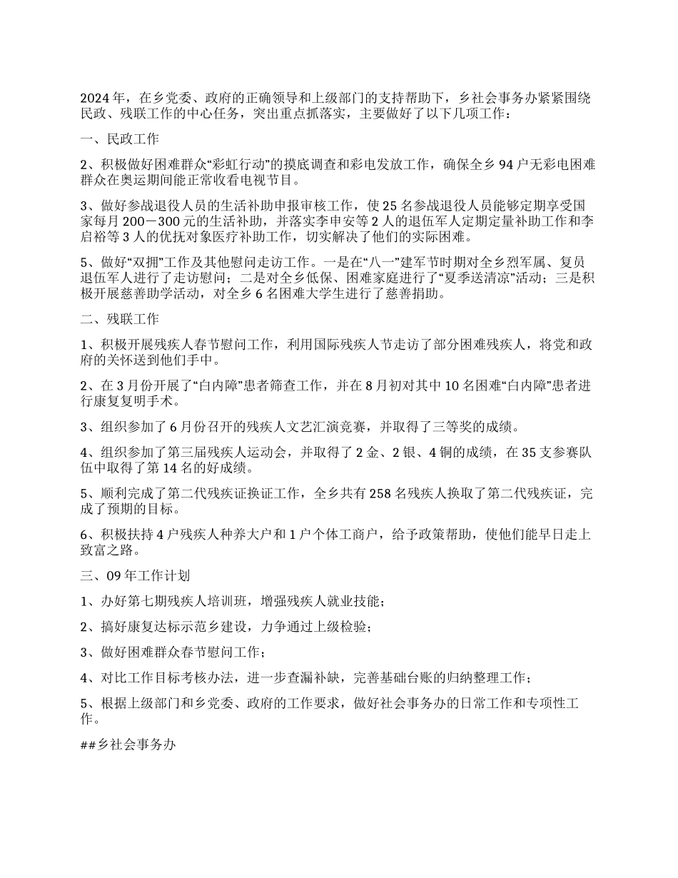 乡社会事务办2024年工作总结及2024年工作计划_第1页