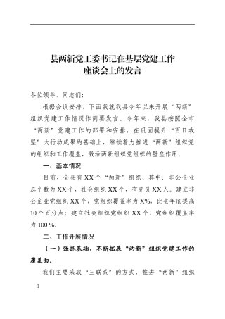 县两新党工委书记在基层党建工作座谈会上的发言   、