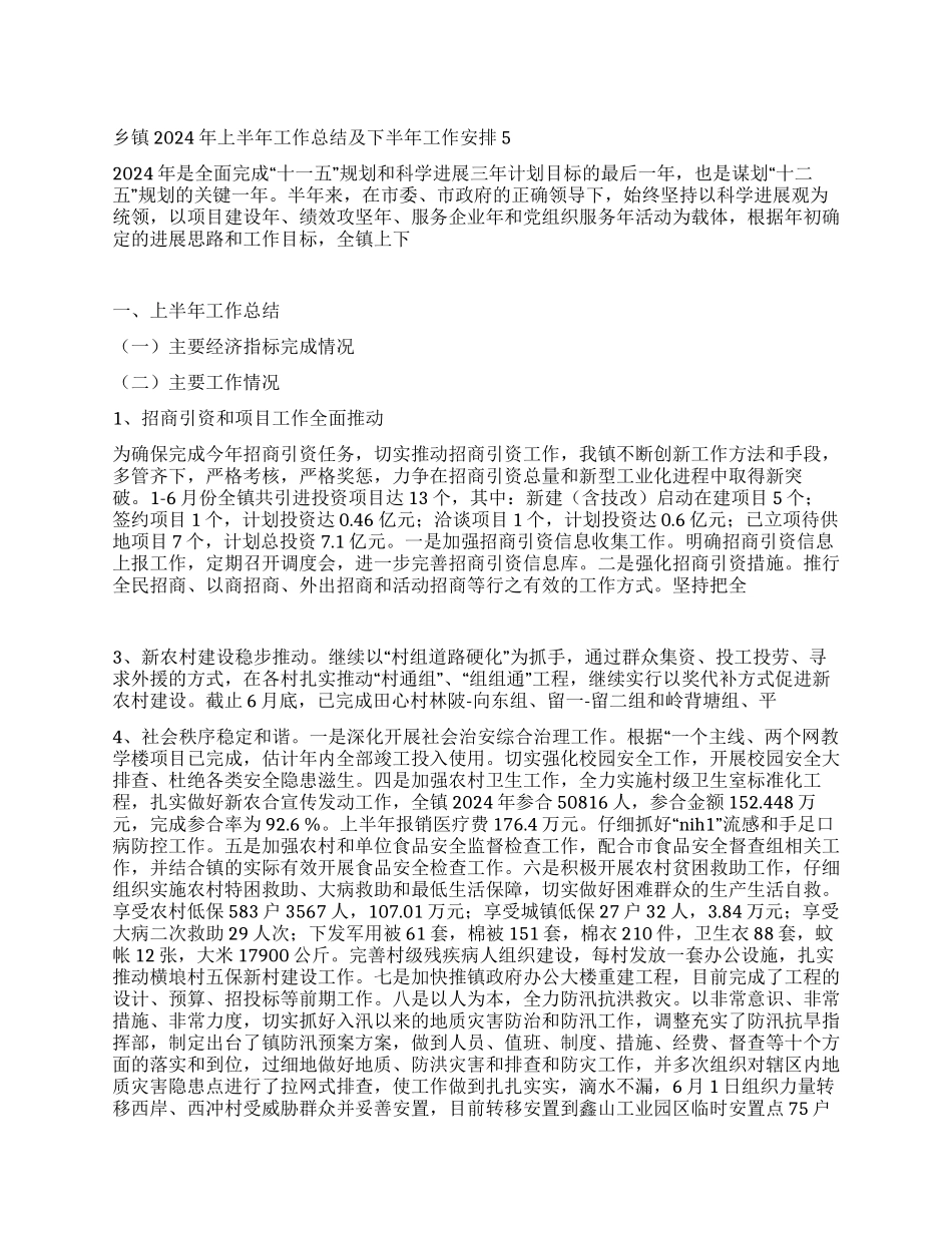 乡镇2024年上半年工作总结及下半年工作安排5_第1页