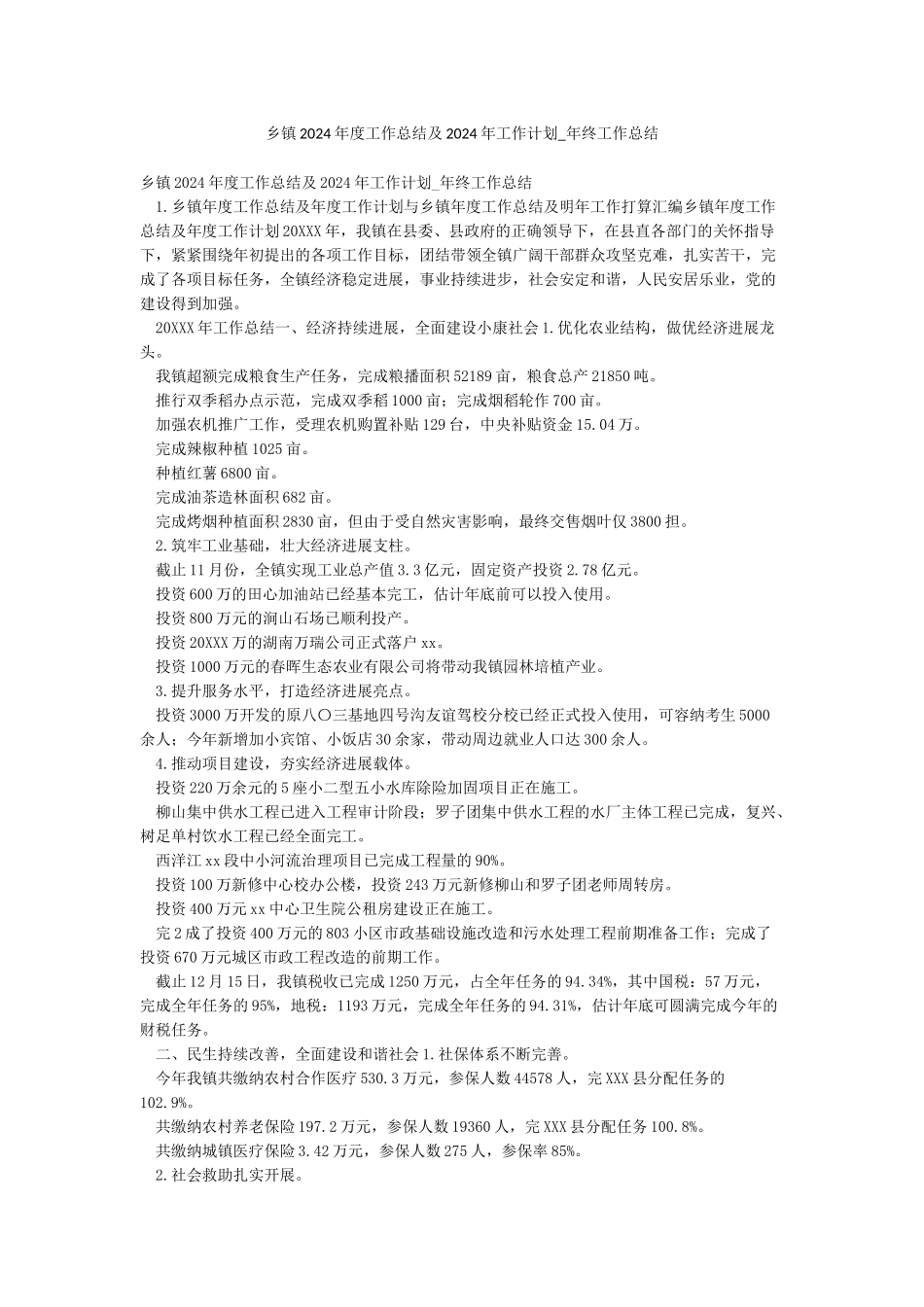 乡镇2024年度工作总结及2024年工作计划-年终工作总结_第1页