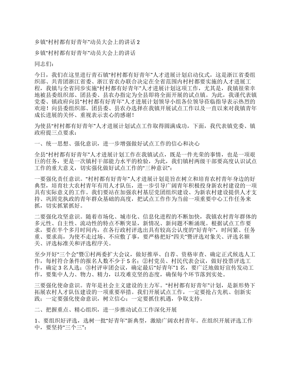 乡镇“村村都有好青年动员大会上的讲话2_第1页