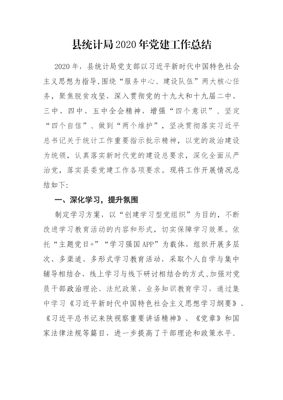 县统计局2020年党建工作总结_第1页
