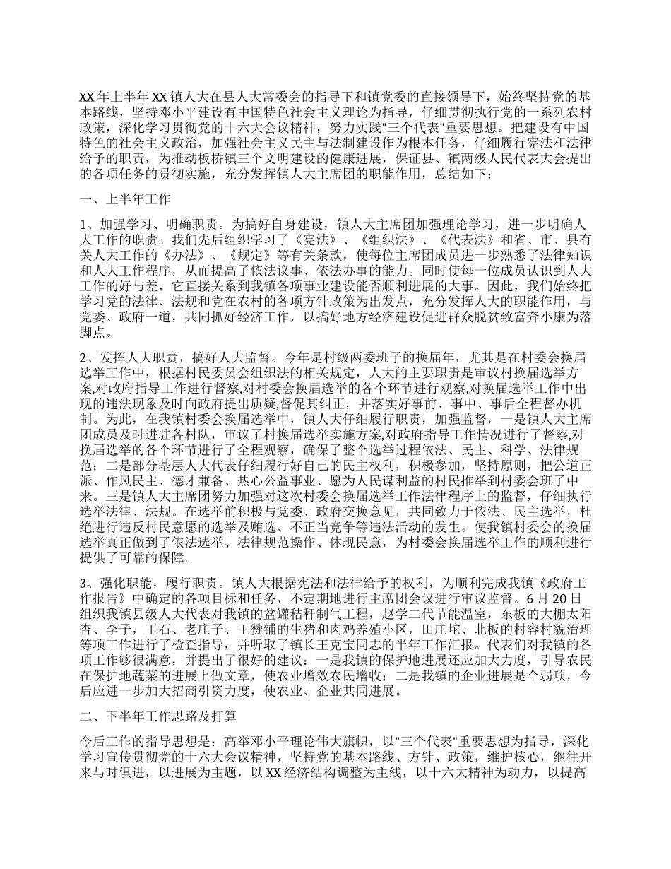 乡镇人大XX年上半年工作总结及下半年工作想法_第1页