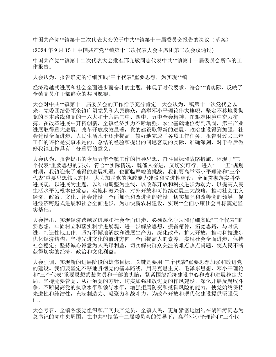 乡镇党代会报告决议_第1页