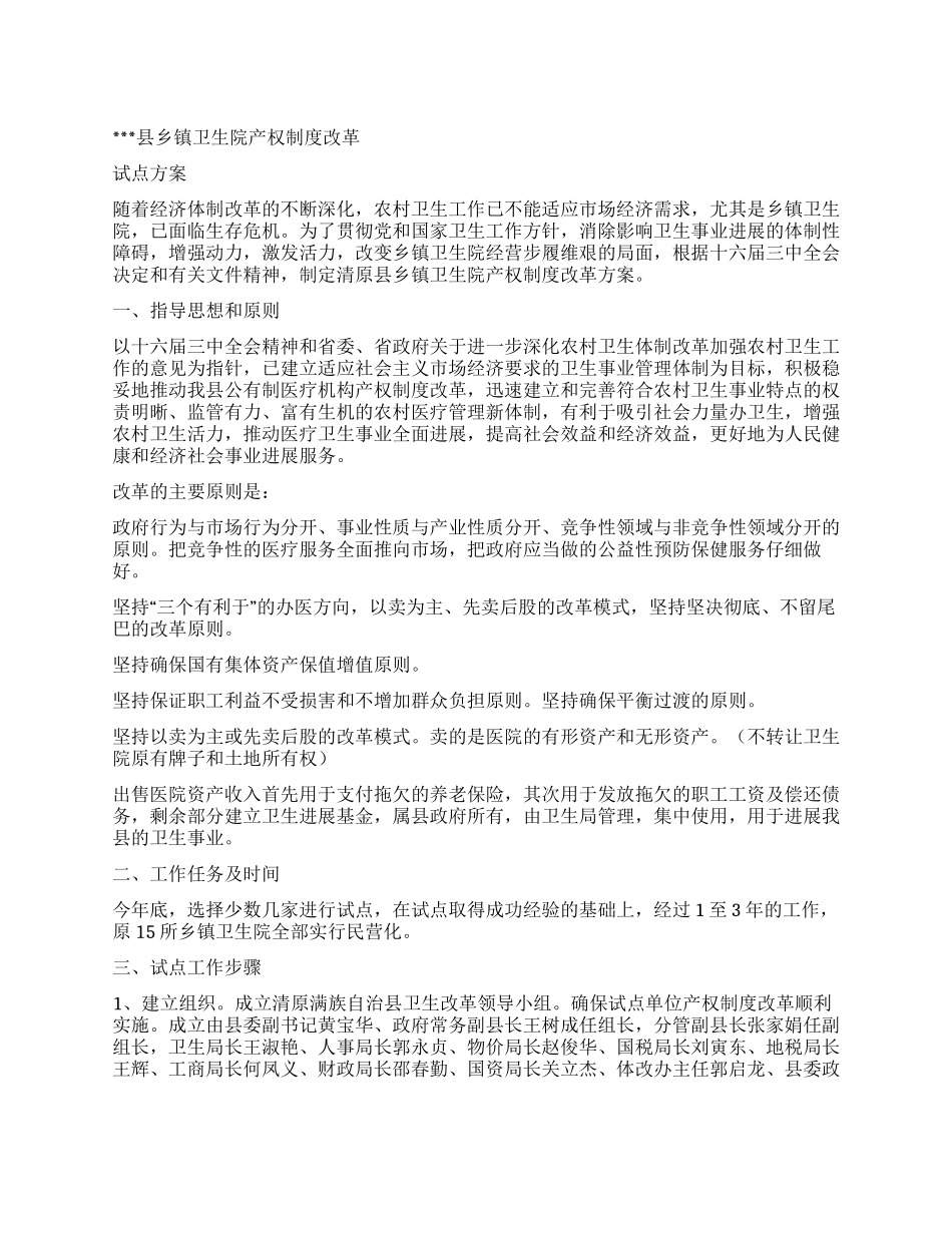 乡镇卫生院产权制度改革试点方案_第1页