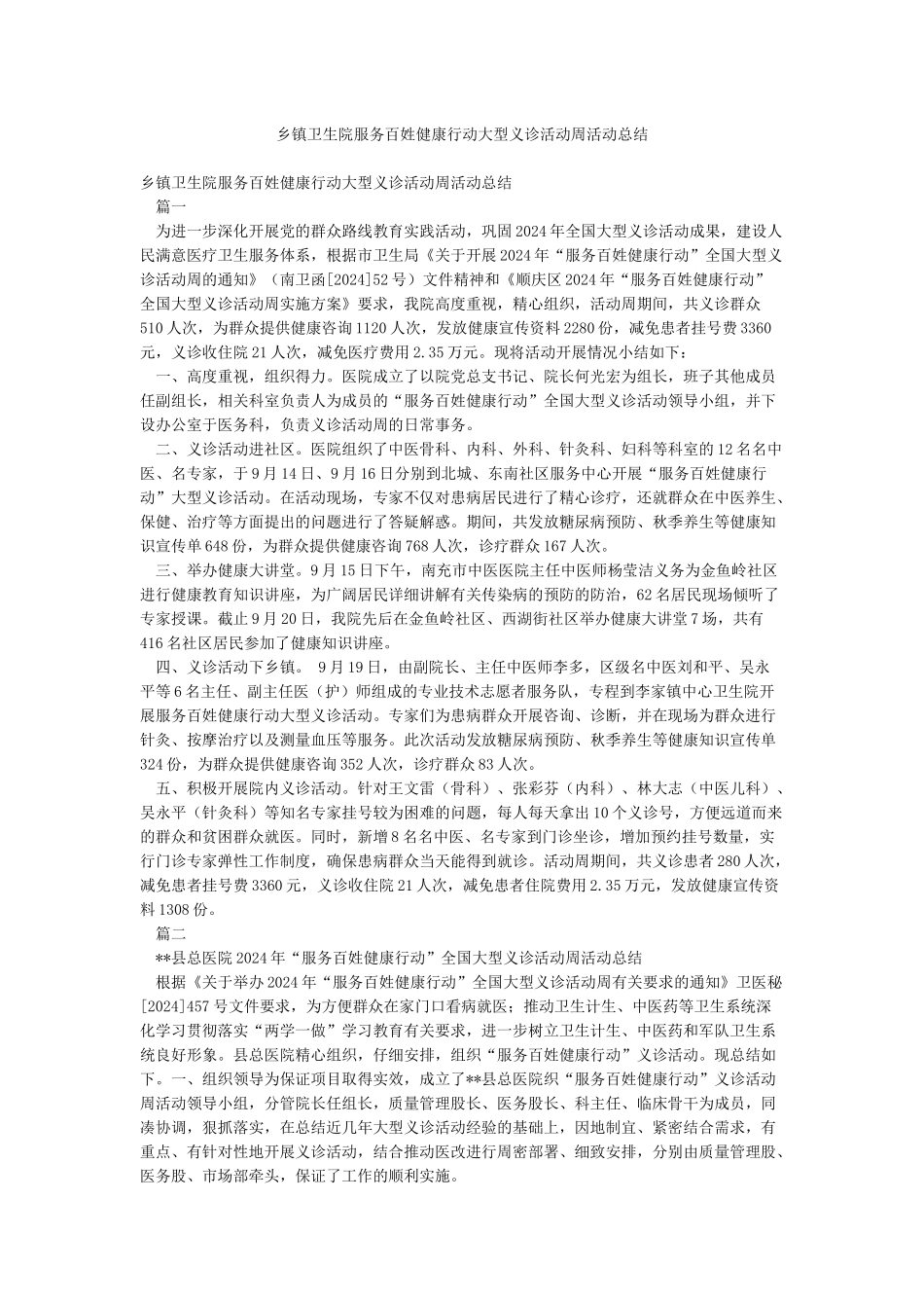 乡镇卫生院服务百姓健康行动大型义诊活动周活动总结_第1页