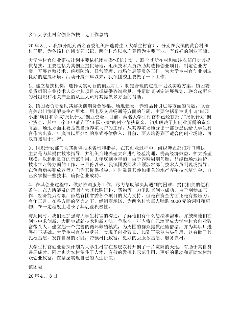 乡镇大学生村官创业帮扶计划工作总结_第1页