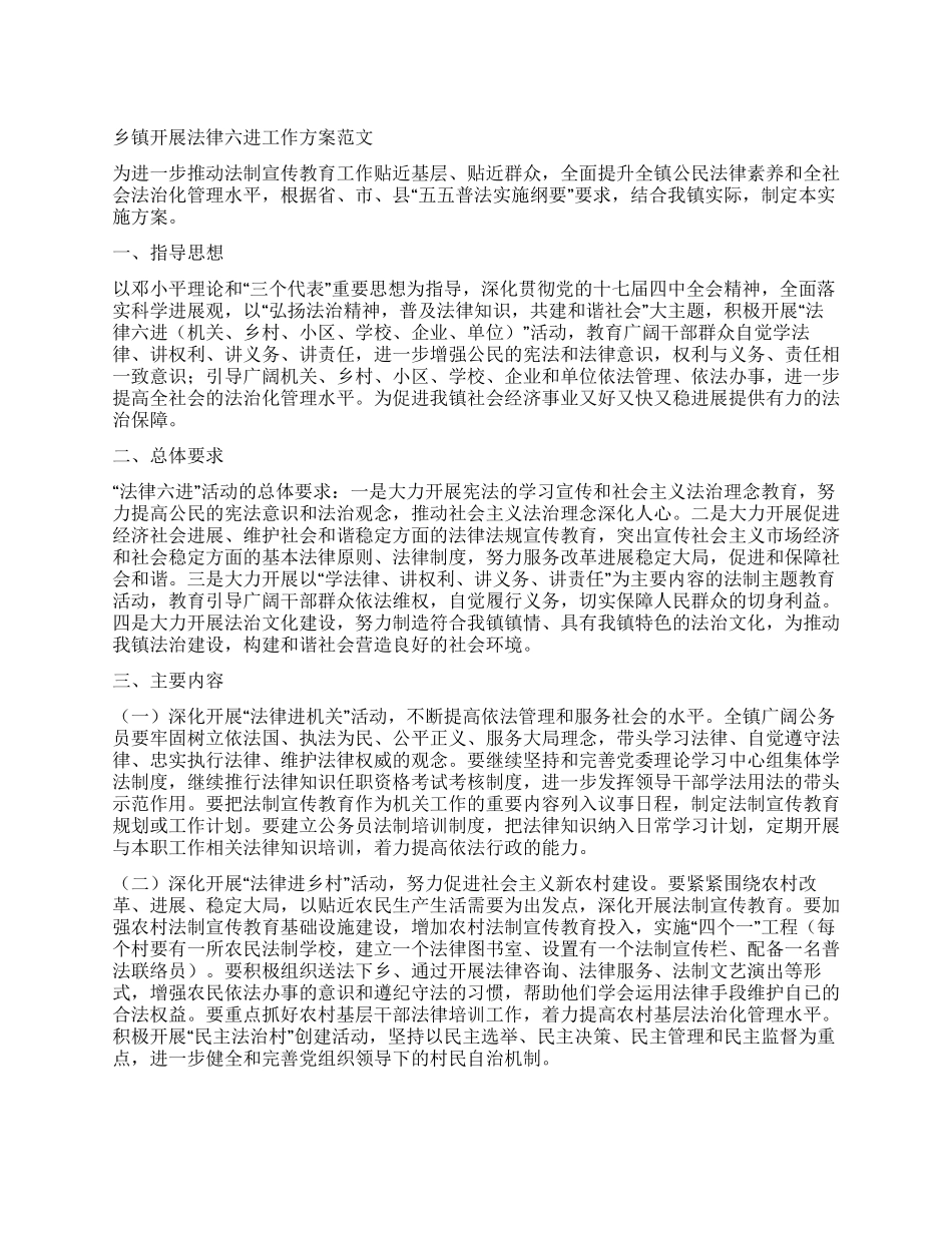 乡镇开展法律六进工作方案_第1页