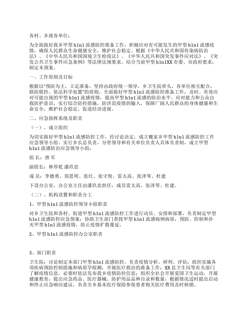 乡镇甲型流感H1N1防控预案_第1页