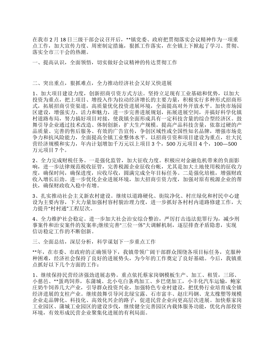 乡镇贯彻落实全市三级干部会议精神的情况汇报7_第1页