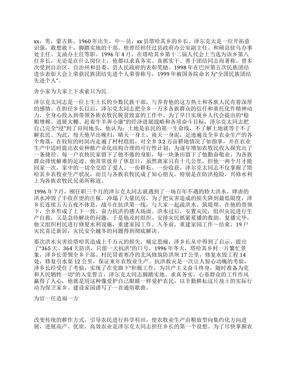 乡镇长促进民族团结先进个人材料_第1页