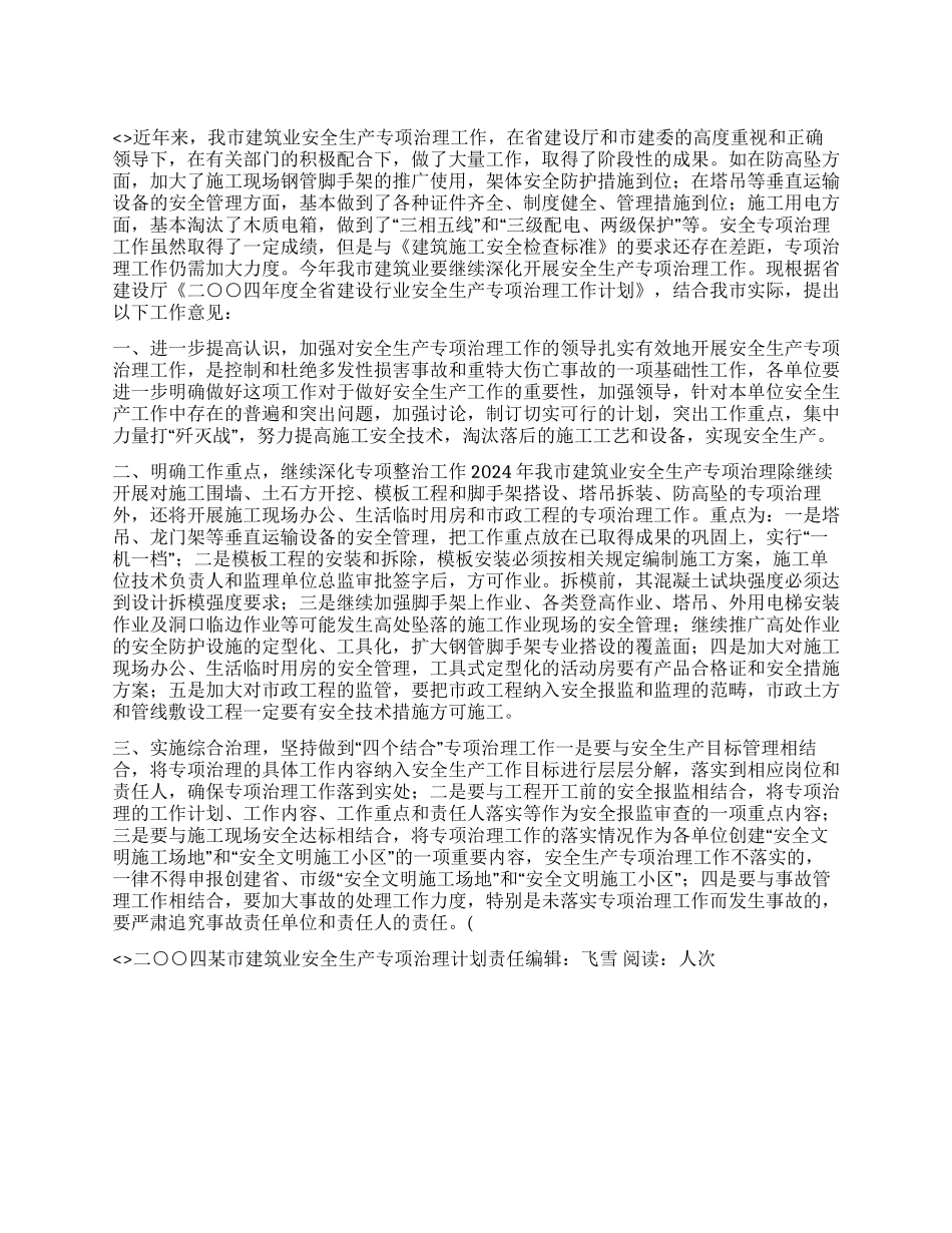 二○○四某市建筑业安全生产专项治理计划_第1页