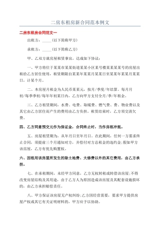 二房东租房新合同范本例文