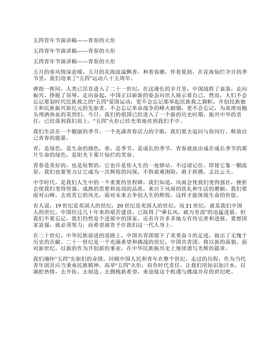 五四青年节演讲稿——青春的火炬_第1页