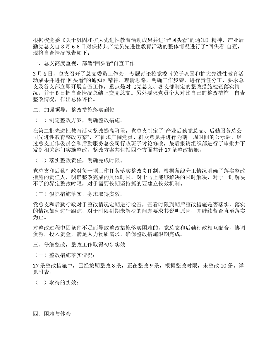 产业后勤党总支先进性教育“回头看工作总结_第1页