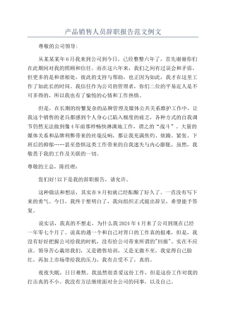 产品销售人员辞职报告范文例文