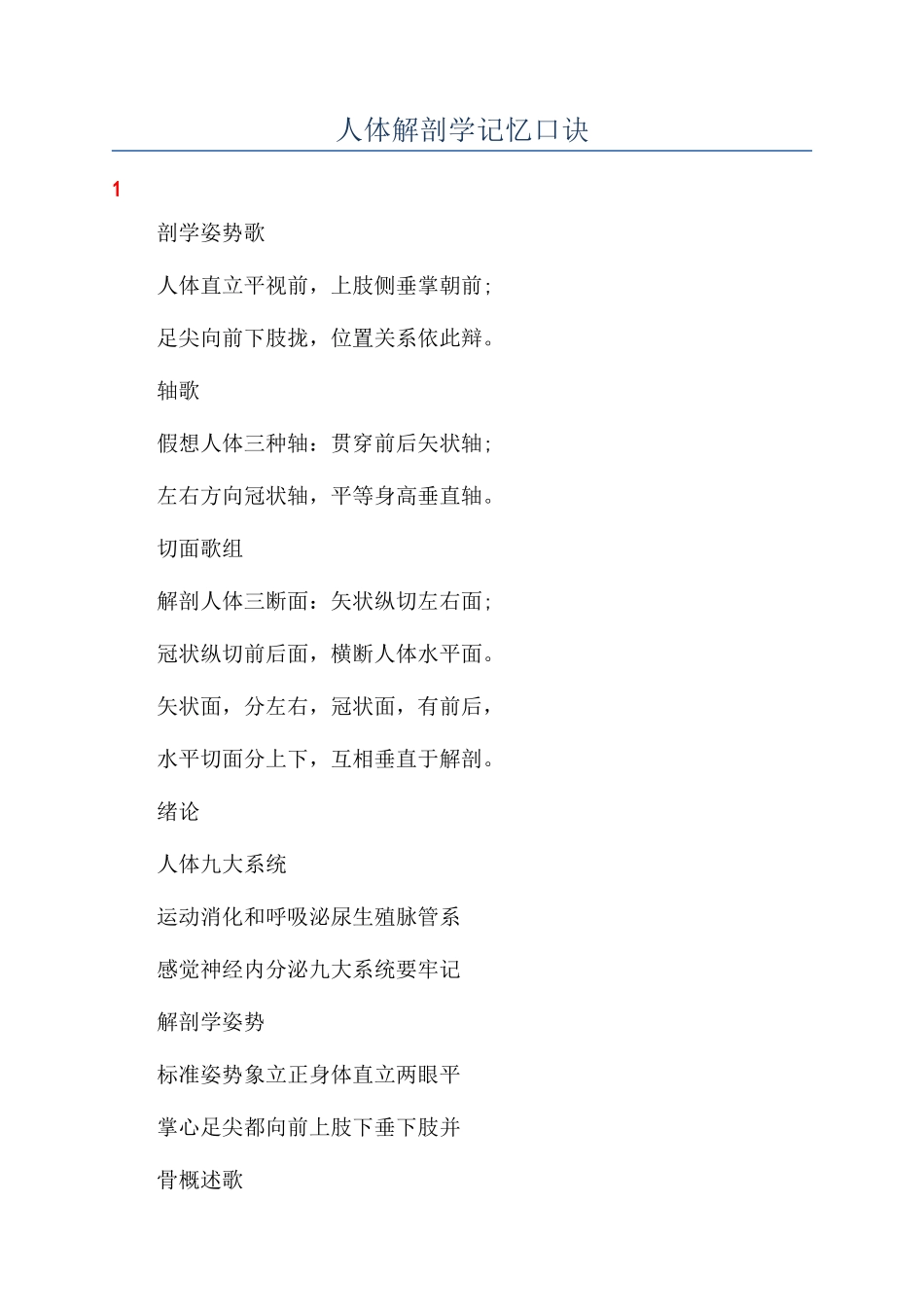 人体解剖学记忆口诀_第1页