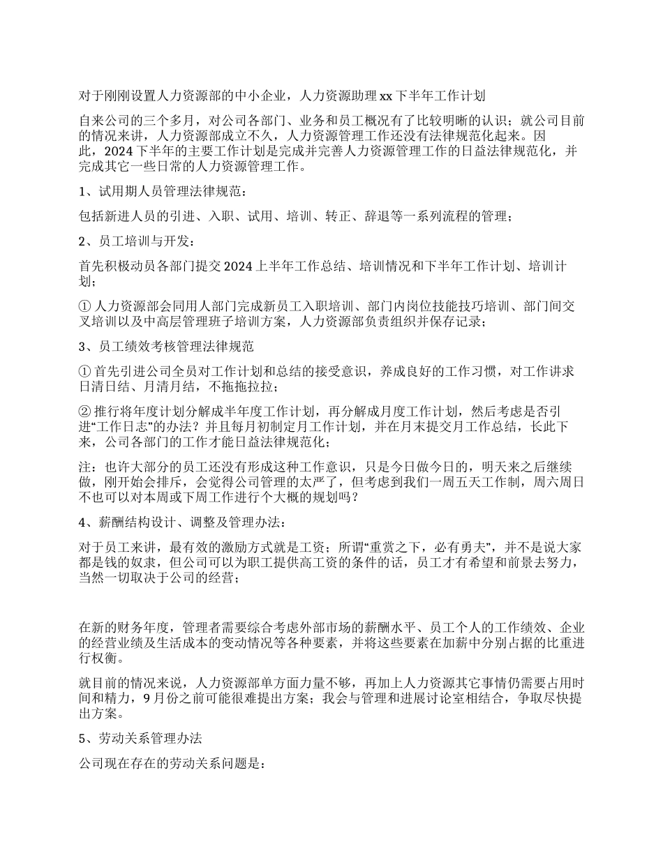 人力资源助理下半年工作计划_第1页
