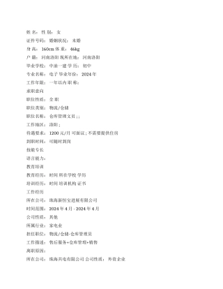 仓库管理文员简历范文
