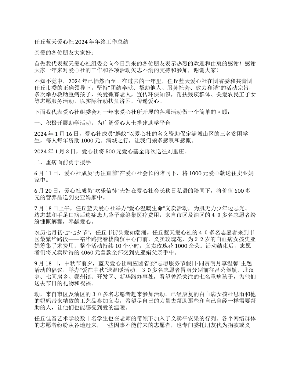任丘蓝天爱心社2024年年终工作总结_第1页