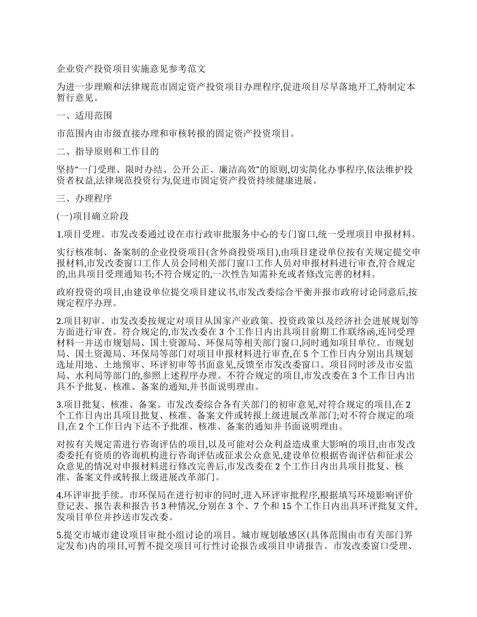企业资产投资项目实施意见参考范文_第1页