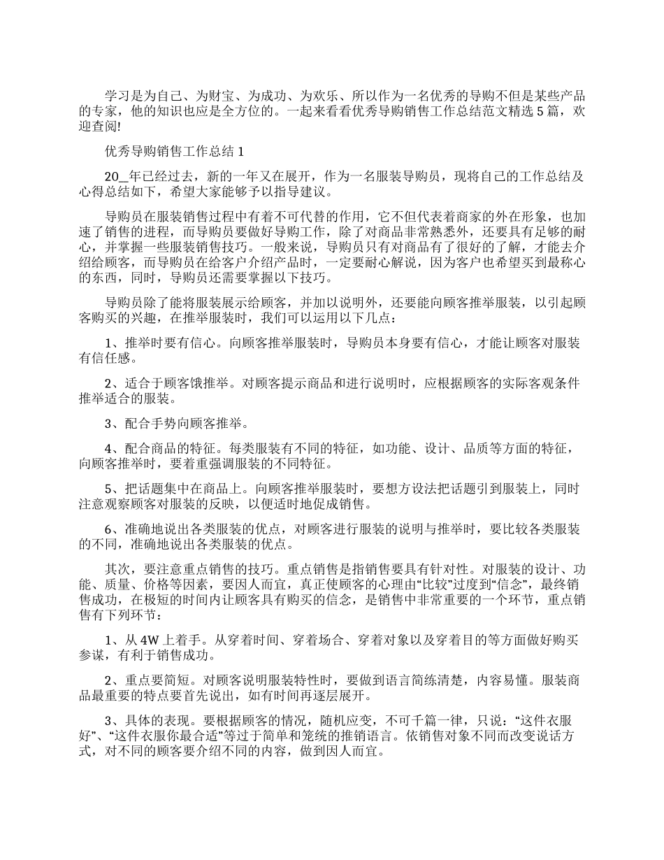优秀导购销售工作总结范本2024_第1页
