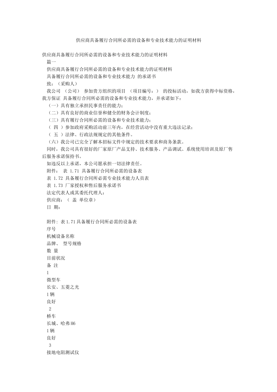 供应商具备履行合同所必需的设备和专业技术能力的证明材料_第1页