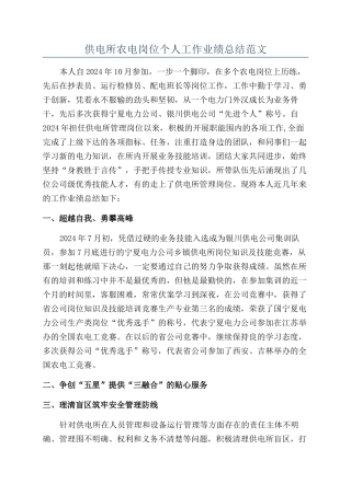 供电所农电岗位个人工作业绩总结范文