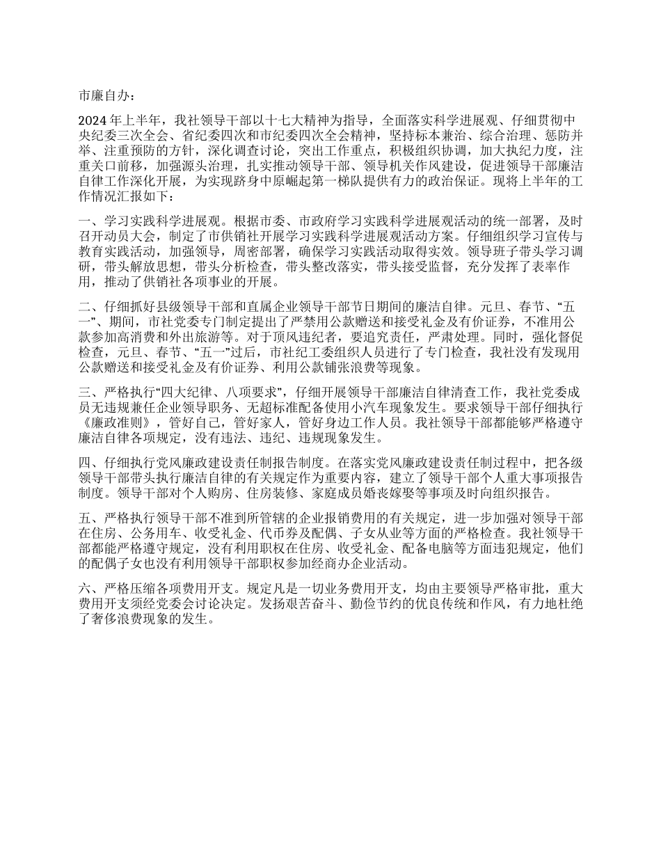 供销社2024年上半年领导干部廉洁自律工作汇报_第1页