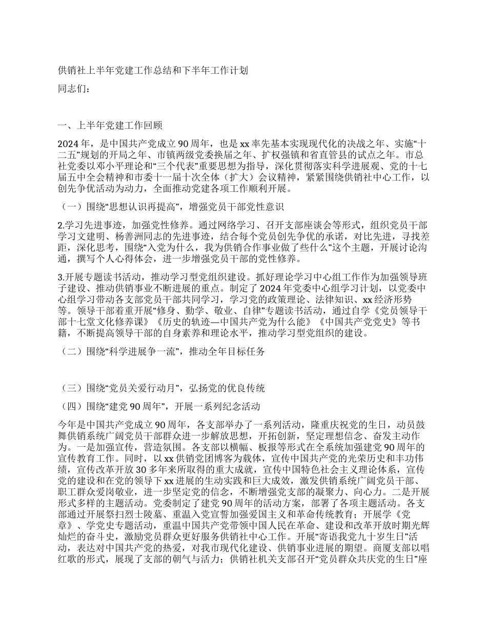 供销社上半年党建工作总结和下半年工作计划_第1页