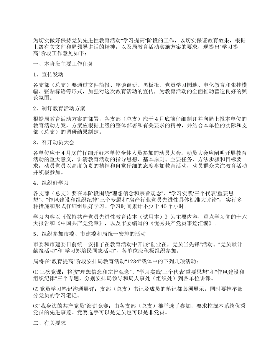 保持党员先进性教育活动“学习提高阶段工作意见_第1页